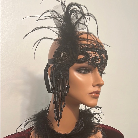 Elegant Black Feathered Headpiece Headband necklace Wrap  20s Theme Fringes main image 13